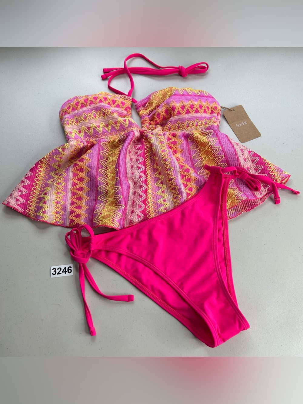 Samiol Tankini Bikini Set Large Pink Rainbow Striped Strappy New Swimsuit